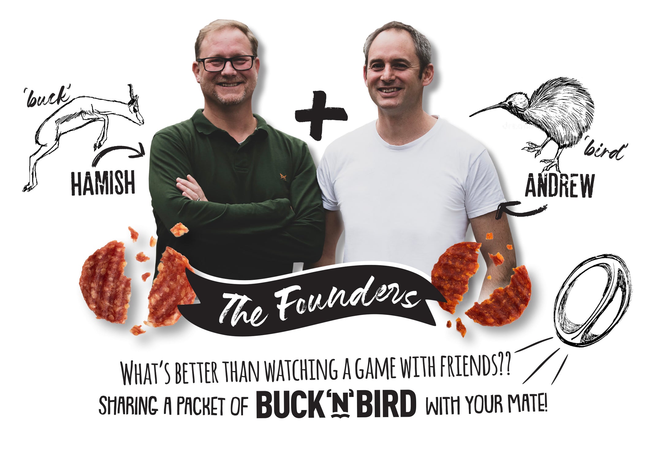 Founder of Buck'n'Bird - Hamish and Andrew superimposed over a sample shot of our air-dried salami crisps: delicious flavour, keto-friendly and gluten free